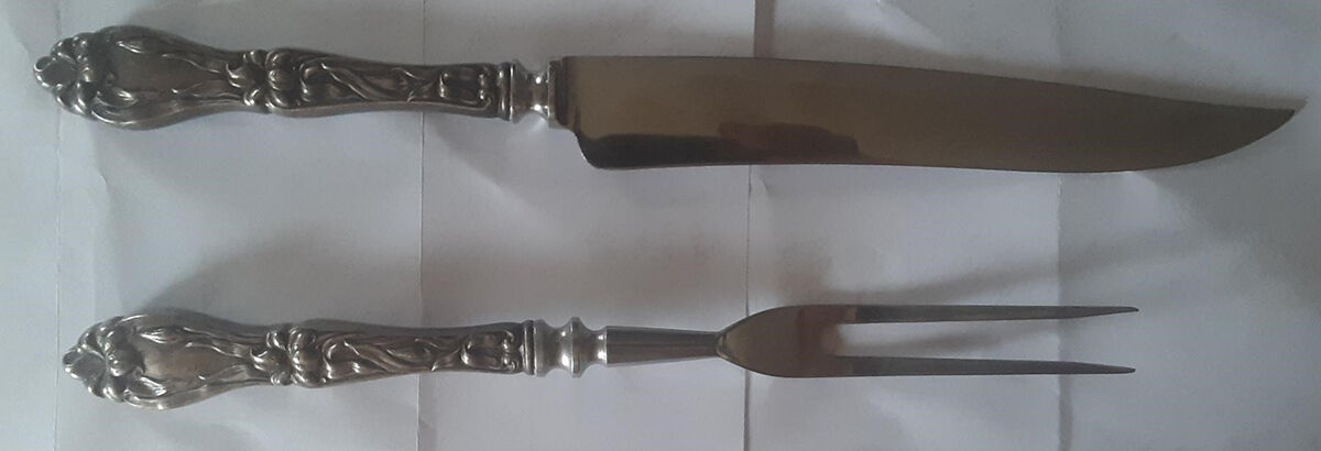Lily-Floral (Sterling, 1910) Large 2-Piece Roast Carving Set with Stainless Blade by Frank Whiting-1