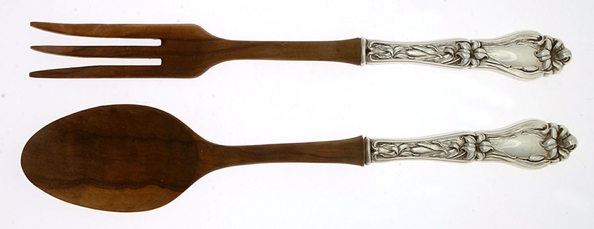Lily-Floral (Sterling, 1910) Wooden Bowl 2-Piece Salad Set by Frank Whiting-1