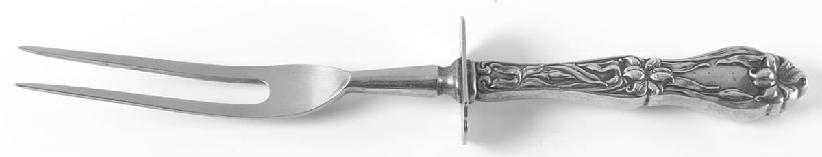 Lily-Floral (Sterling, 1910) Large Stainless-Prong Roast Carving Fork by Frank Whiting-1