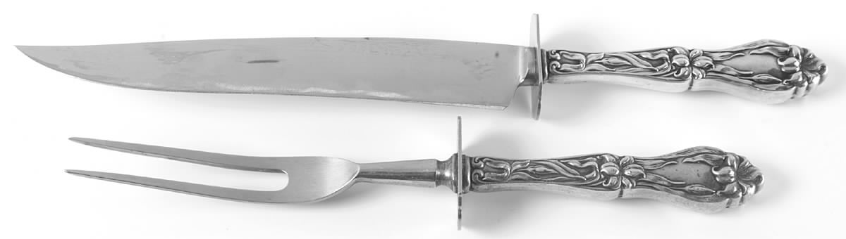 Lily-Floral (Sterling, 1910) Large 2-Piece Roast Carving Set w/Stainless Blade by Frank Whiting-1