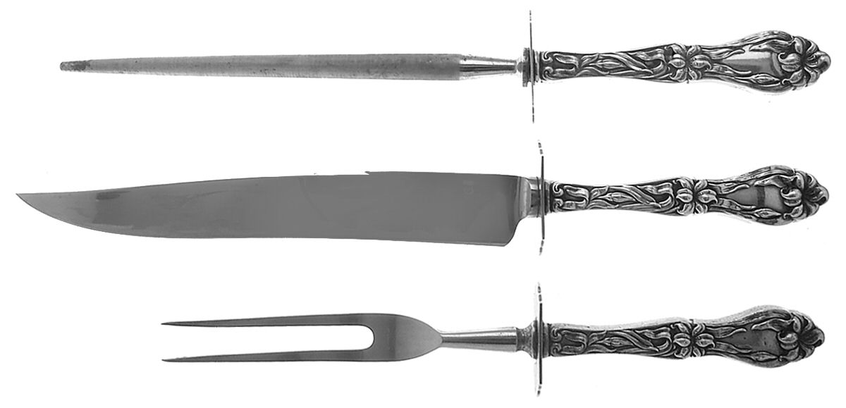 Lily-Floral (Sterling, 1910) Large 3-Piece Roast Carving Set w/ Stainless Blade by Frank Whiting-1