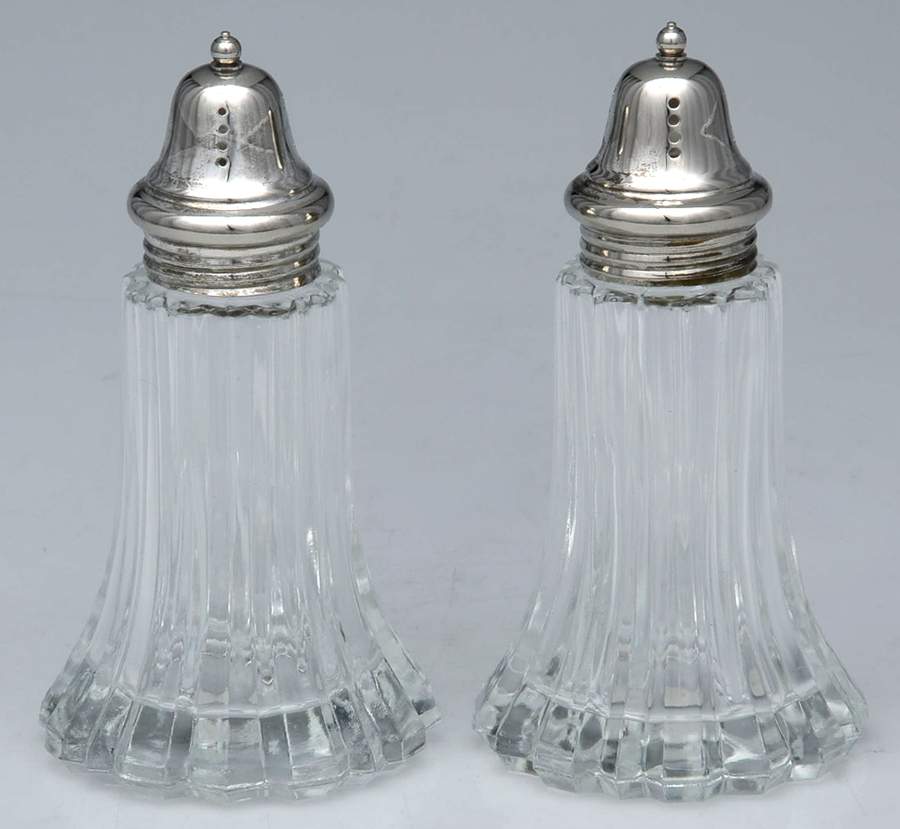 Silverplate Hollowware Glass Salt & Pepper Set with Metal Lids by F B Rogers-1