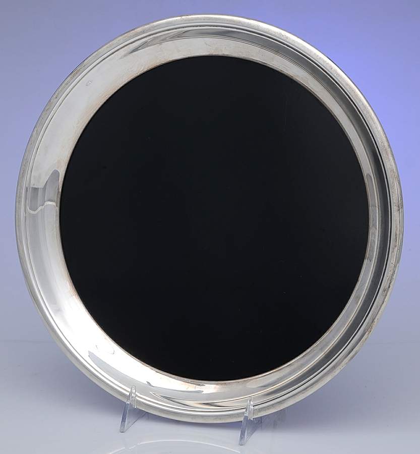 Silverplate Hollowware Round Black Formica Tray with Silvrplate Bnd by F B Rogers-1