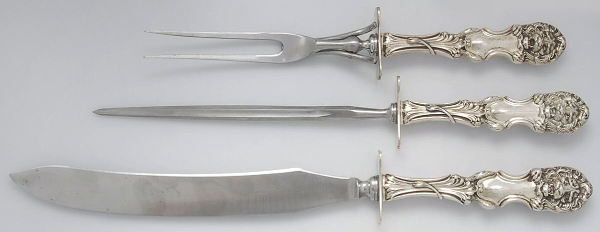 Lion (Sterling, 1903, No Monograms) Large 3-Piece Roast Carving Set w/ Stainless Blade by Frank Smith-1