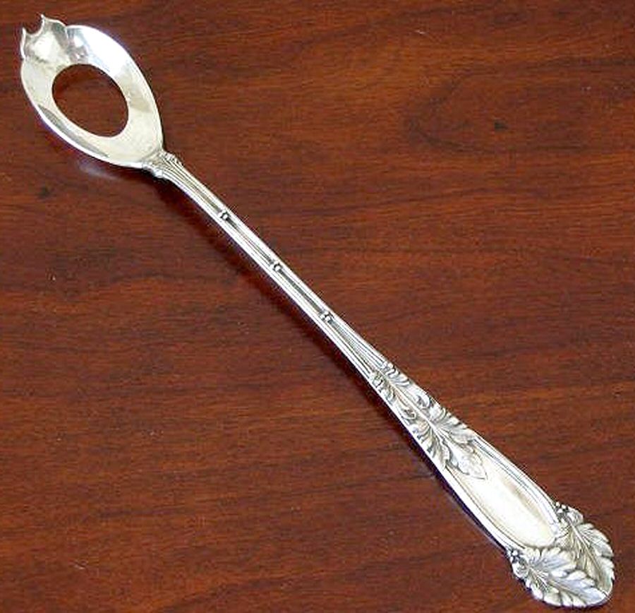 Oak (Sterling, 1912, Monograms) Pierced Bowl Long Handle Olive Spoon by Frank Smith-1