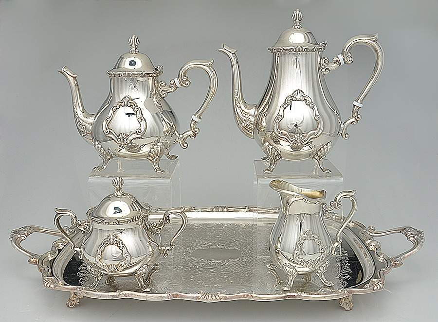 Georgetown (Silverplate, Hollowware) 5-Piece Silverplate Tea Set (with Tray) by F B Rogers-1