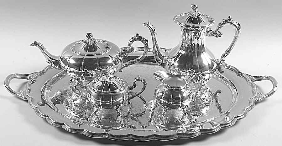 Melon (Silverplate, Hollowware) 5-Piece Silverplate Tea Set (with Tray) by F B Rogers-1