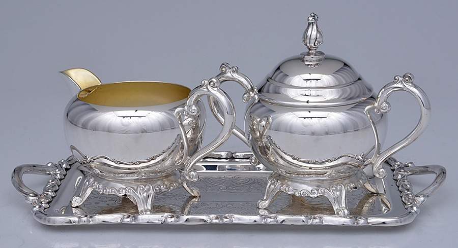 FBR19 (Silverplate, Hollowware) Creamer with Sugar & Lid & Tray by F B Rogers-1