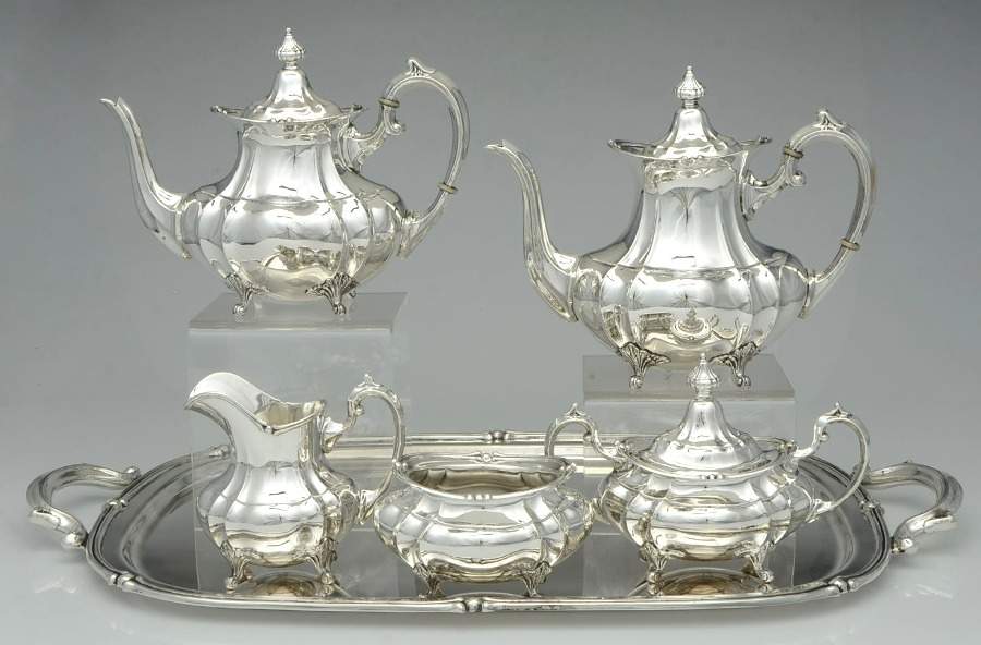 Duncan-Footed Duncan (Sterling, Hollowware) 6 Piece Tea Set (SCP, STP, SCR, SSU, SWB, WTL) by Fisher Silversmiths-1
