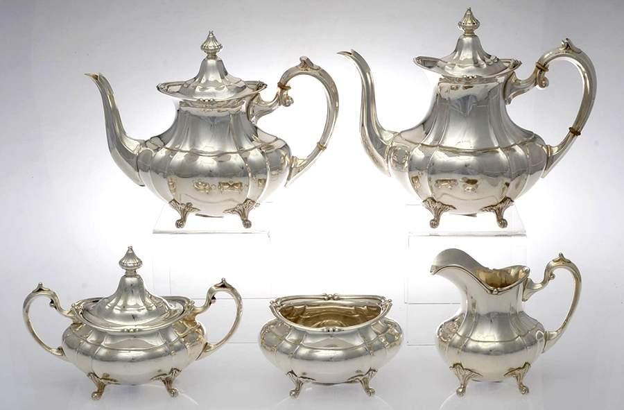 Duncan-Footed Duncan (Sterling, Hollowware) 5 Piece Tea Set (SCP, STP, SCR, SSU, SWB) by Fisher Silversmiths-1