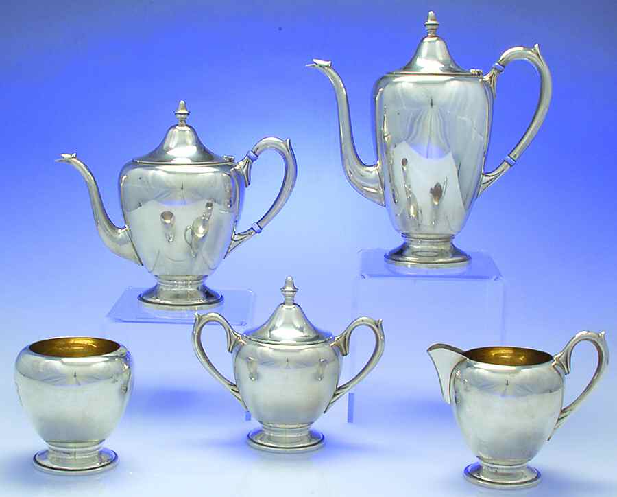 400-Plain (Sterling, Hollowware) 5 Piece Tea Set (SCP, STP, SCR, SSU, SWB) by F B Rogers-1