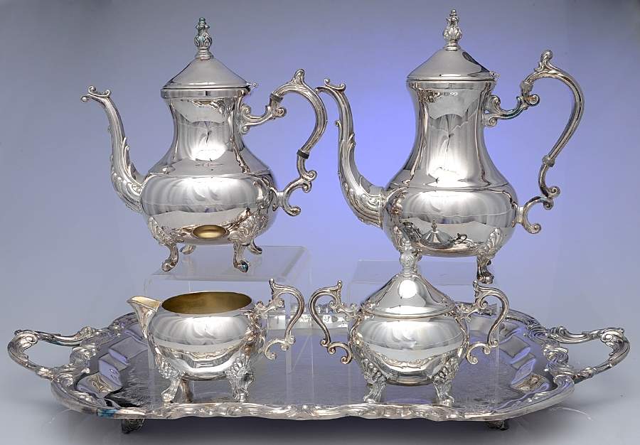 Lady Margaret (Silverplate, Hollowware) 5-Pc Silverplate Tea Set with Footed Tray by F B Rogers-1