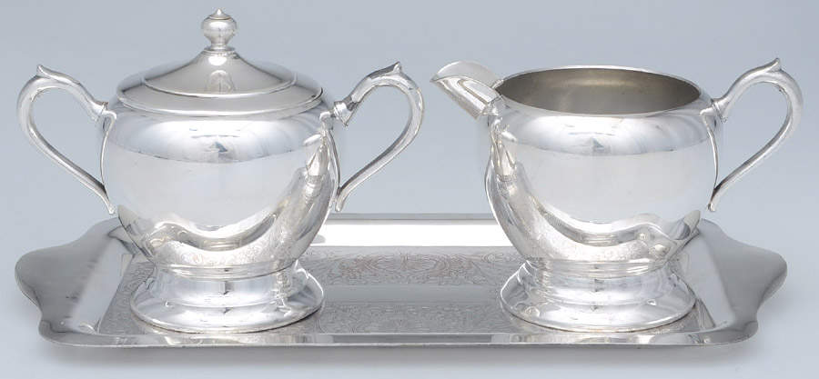 1087 (Silverplate, Hollowware) Creamer, Sugar & Lid with Tray Set by F B Rogers-1