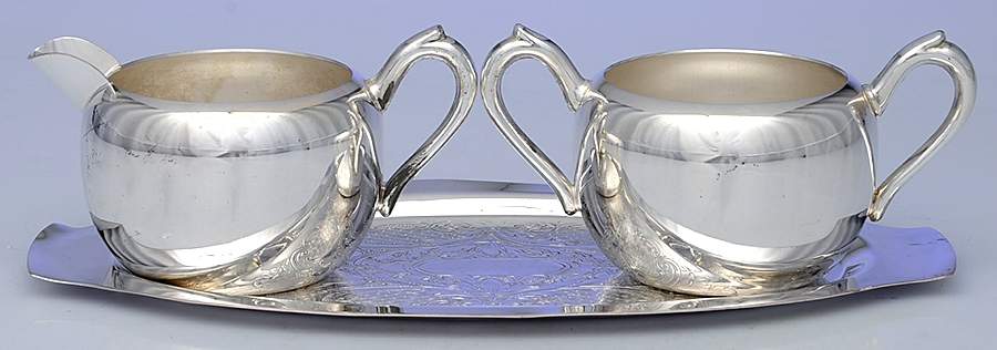 1087 (Silverplate, Hollowware) Creamer, Open Sugar & Tray Set by F B Rogers-1