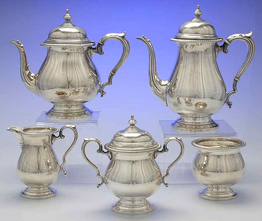Kent (Sterling, Hollowware) 5 Piece Tea Set (SCP, STP, SCR, SSU, SWB) by Fisher Silversmiths-1