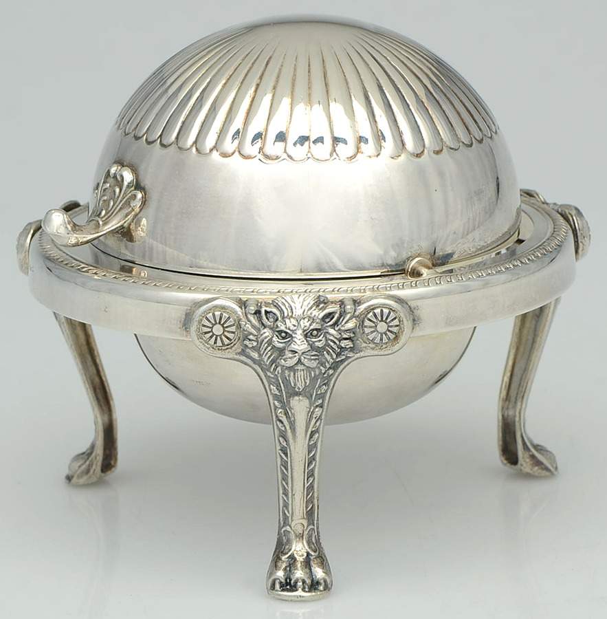 078 (Silverplate, Hollowware) Roll Top Round Butter W/Glass Liner by F B Rogers-1