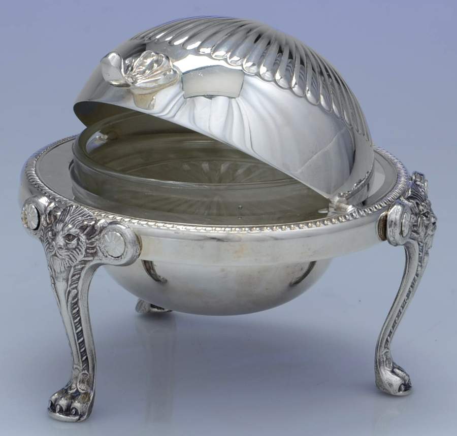 078 (Silverplate, Hollowware) Roll Top Round Butter W/Glass Liner by F B Rogers-1