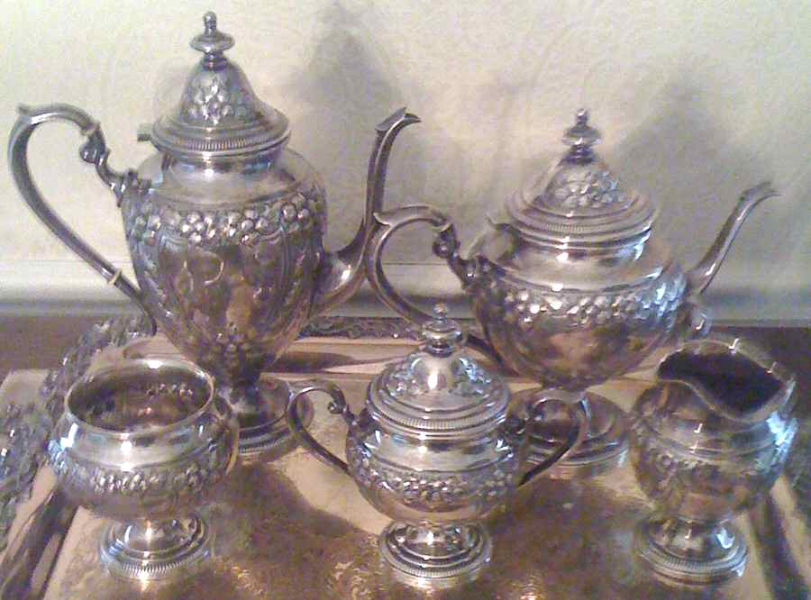 2322 (Sterling, Hollowware) 5 Piece Tea Set (SCP, STP, SCR, SSU, SWB) by Fisher Silversmiths-1