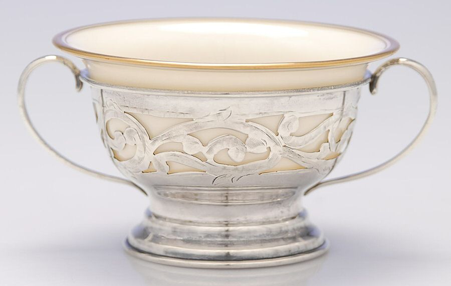 313 (Sterling, Hollowware) Sterling Bouillon Cup with Ceramic Liner by Fenniman Co-1