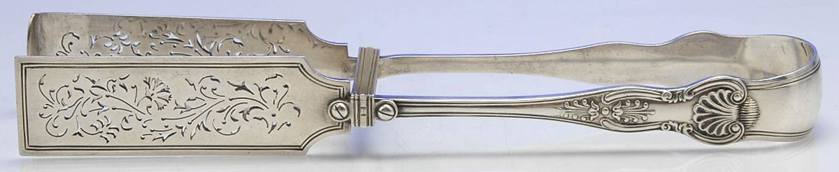 Kings (Sterling) Solid Yoked Asparagus Tongs by Francis Higgins III (England)-1