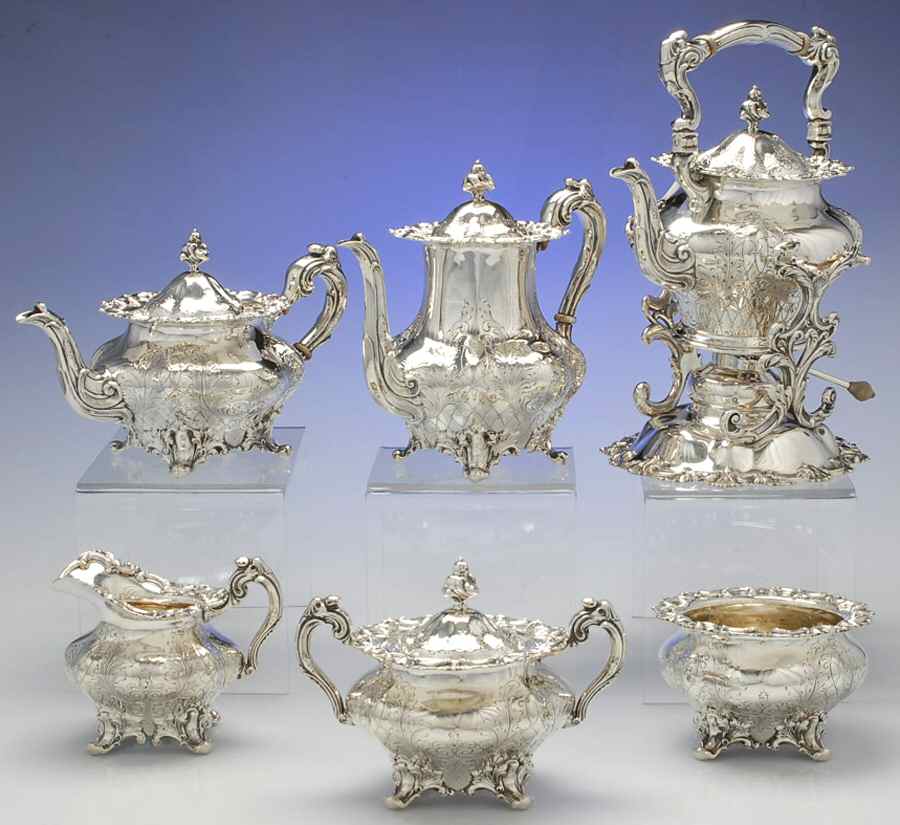 2830 (Sterling, Hollowware) 6 Piece Tea Set (SCP, STP, SCR, SSU, SWB, SKES) by Frank Smith-1