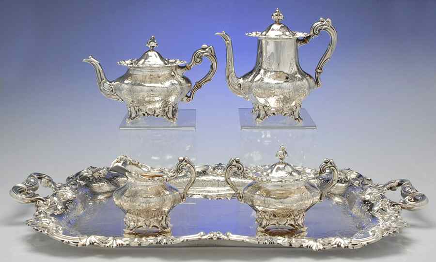 2830 (Sterling, Hollowware) 5 Piece Tea Set (SCP, STP, SCR, SSU, WTL) by Frank Smith-1