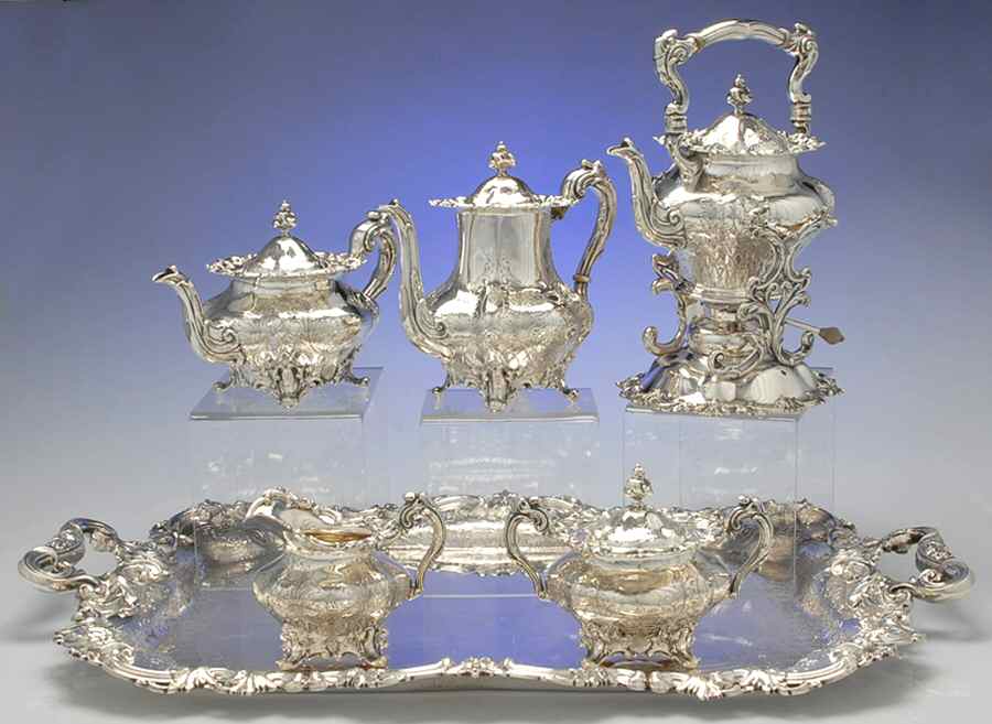 2830 (Sterling, Hollowware) 6 Piece Tea Set (SCP, STP, SCR, SSU, SKES, WTL) by Frank Smith-1