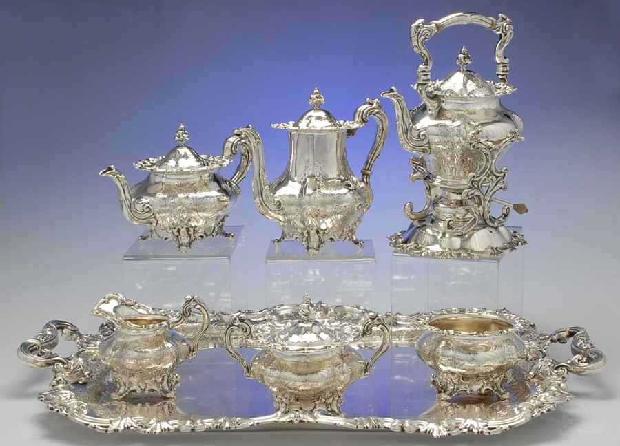 2830 (Sterling, Hollowware) 7 Piece Tea Set (SCP, STP, SCR, SSU, SWB, SKES & WTL) by Frank Smith-1