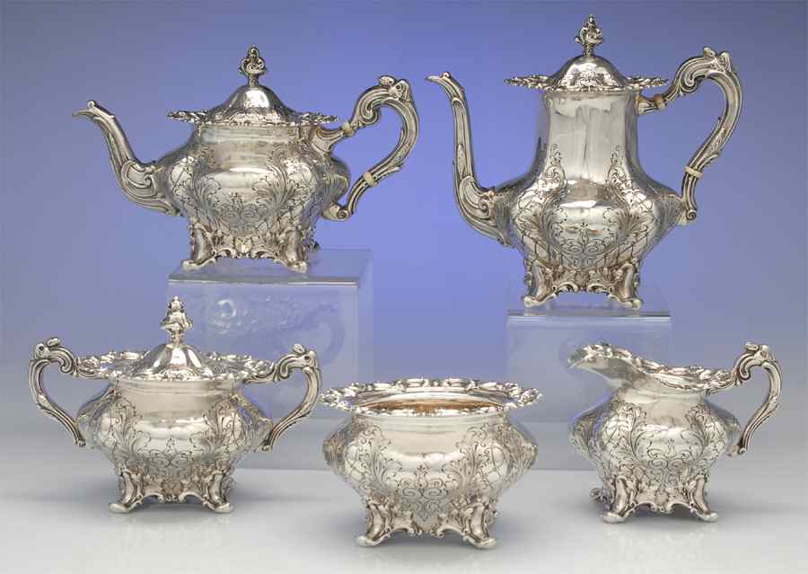 2830 (Sterling, Hollowware) 5 Piece Tea Set (SCP, STP, SCR, SSU, SWB) by Frank Smith-1