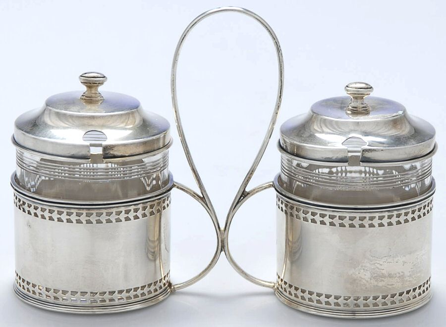 F1F1 (Sterling, Hollowware) Jam/Jelly Set (2 Glass Jars W/Metal Lids & Stand) by Fattorini Brothers-1