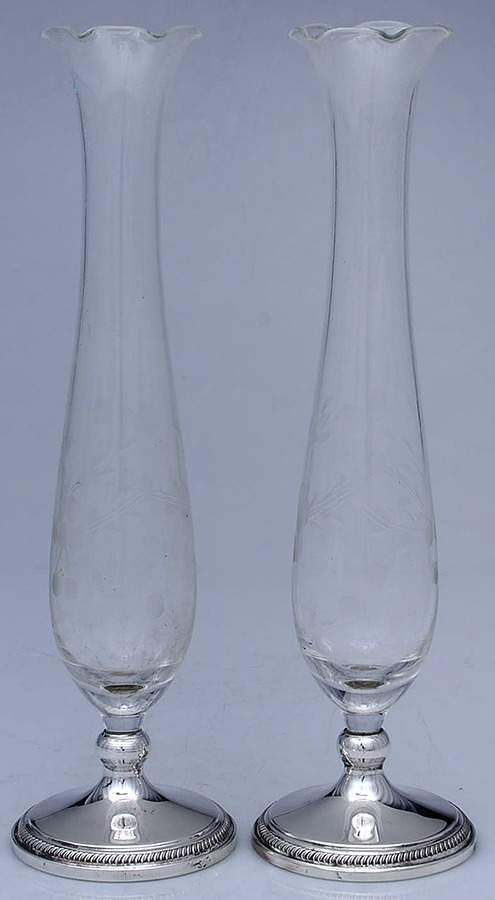 158 (Sterling, Hollowware) Pair of Crystal Vases with Sterling Base by F B Rogers-1