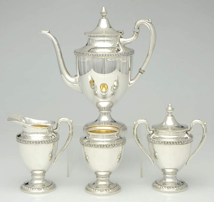402 (Sterling, Hollowware) 4 Piece Coffee Set (SCP, SCR, SSU, SWB) by F B Rogers-1