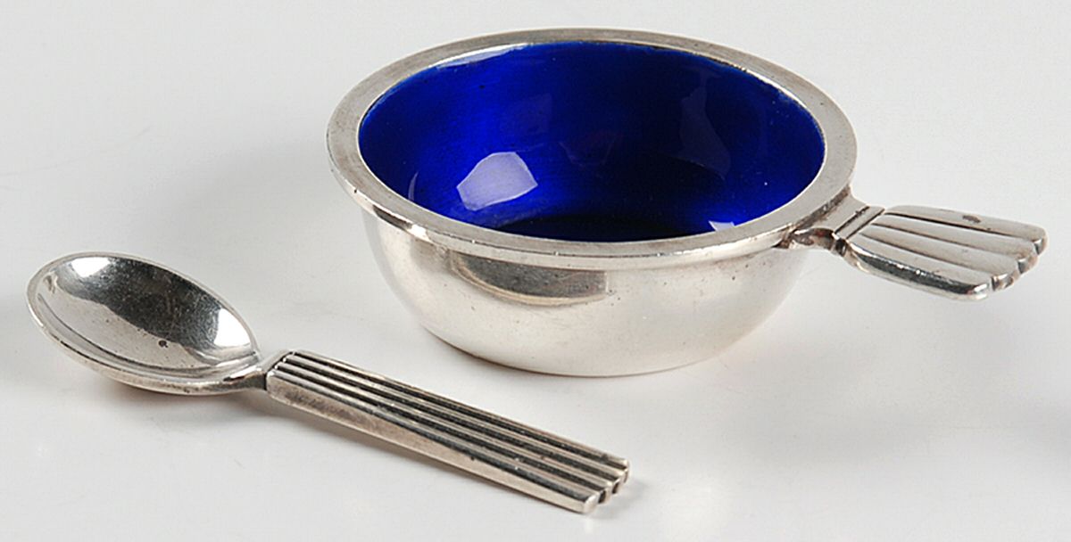 Bernadotte (Sterling, 1939) Enameled Salt Set-Individual Cellar & Spoon by Georg Jensen (Denmark)-1