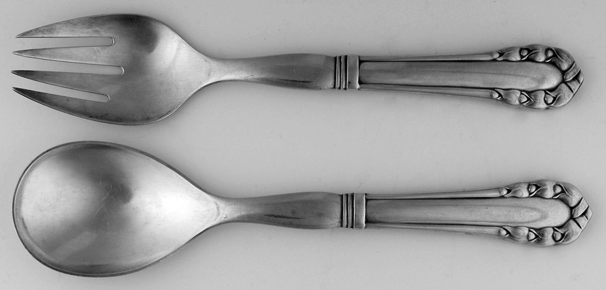 Lily of The Valley-Rose (Sterling) Hollow Handle 2-Piece Salad Set by Georg Jensen (Denmark)-1