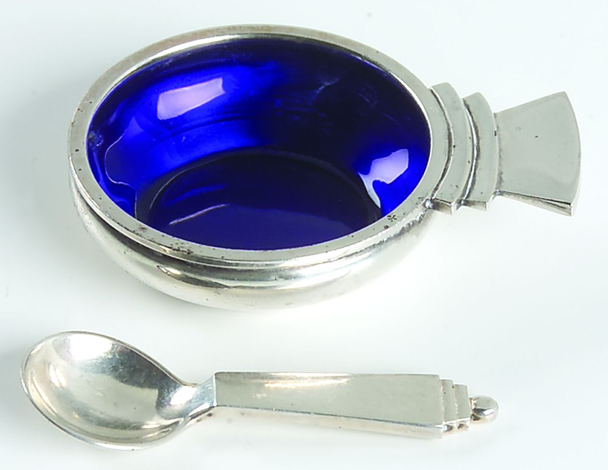 Pyramid (Sterling, 1927) Enameled Salt Set-Individual Cellar & Spoon by Georg Jensen (Denmark)-1