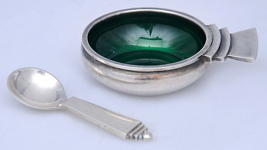 Pyramid (Sterling, 1927) Enameled Salt Set-Individual Cellar & Spoon by Georg Jensen (Denmark)-1