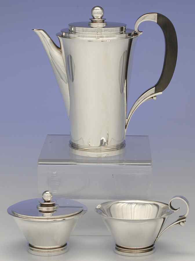 Pyramid (Sterling, 1927, Hollowware) 3-Piece Coffee Set with Coffee Pot by Georg Jensen (Denmark)-1