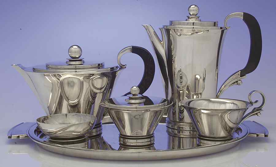 Pyramid (Sterling, 1927, Hollowware) 6 Piece Tea Set (SCP, STP, SCR, SSU, SWB, WTL) by Georg Jensen (Denmark)-1