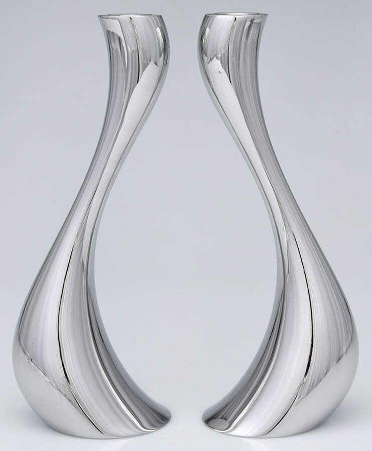 Cobra (Stainless, Hollowware) Pair of 9" Candlesticks by Georg Jensen (Denmark)-1