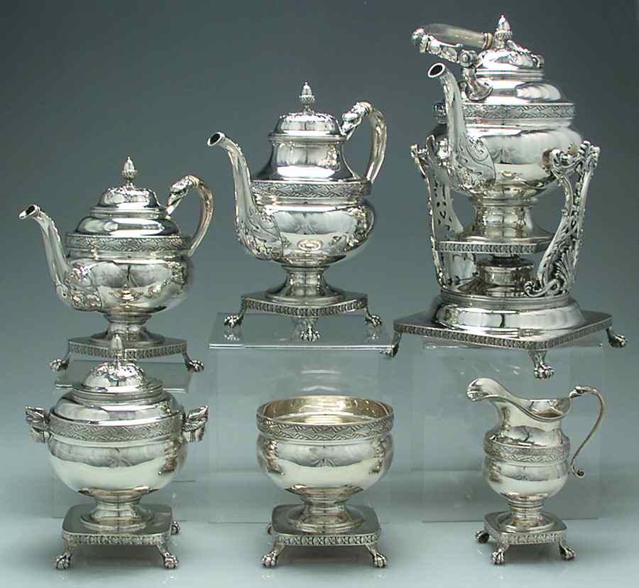 1901 (Sterling, Hollowware) 6 Piece Tea Set (SCP, STP, SCR, SSU, SWB, SKES) by Howard & Co-1