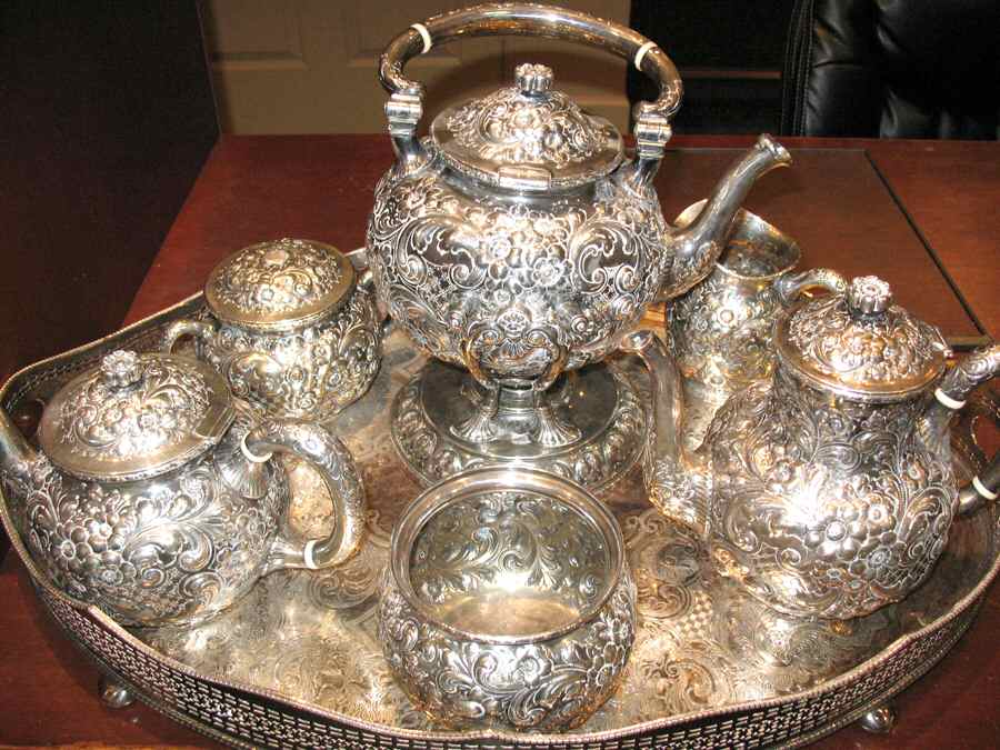 HWR1 (Sterling, Hollowware) 6 Piece Tea Set (SCP, STP, SCR, SSU, SWB, SKES) by Howard & Co-1