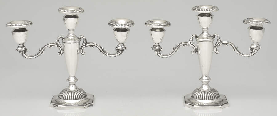 Georgian (Sterling, Hollowware) Pair of Weighted 3 Light Candelabra by Hunt Silver Co-1