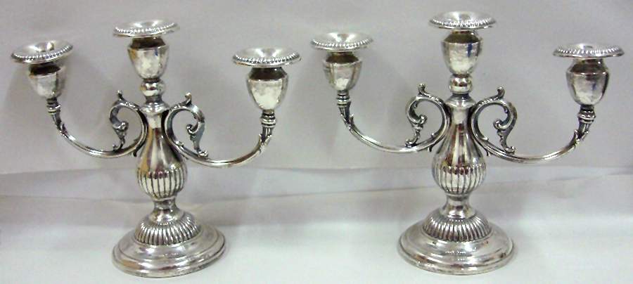 653 (Silverplate, Hollowware) Pair of Weighted 3 Light Candelabra by Hunt Silver Co-1