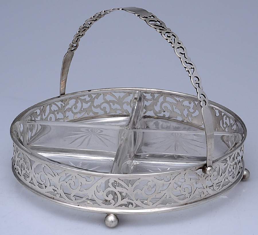386 (Sterling, Hollowware) Handled Basket with 4 Glass Inserts by George A Henckel-1