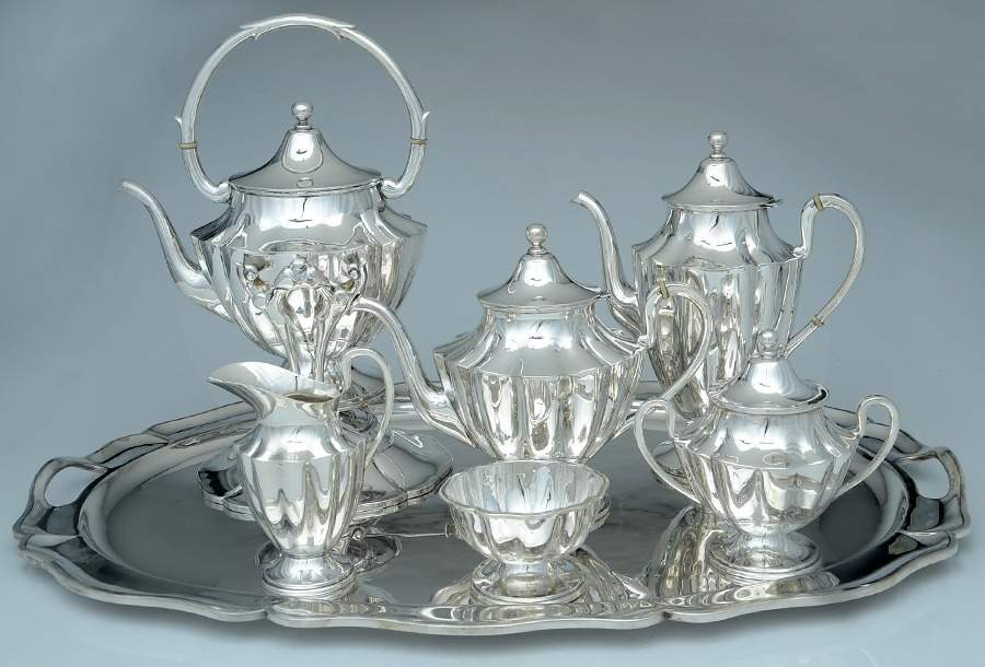 H0SH0S1 (Sterling, Hollowware) 7 Piece Tea Set (SCP, STP, SCR, SSU, SWB, SKES & WTL) by Heather Silversmiths (Mexico)-1