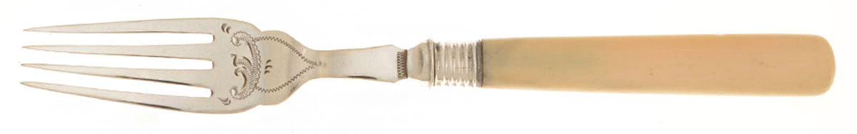 HFI5 (Sterling, Bakelite) Bright Cut Ind Hollow Handle Fish Fork-Strl Blade by Harrison Fisher & Co (Sheffield, England)-1