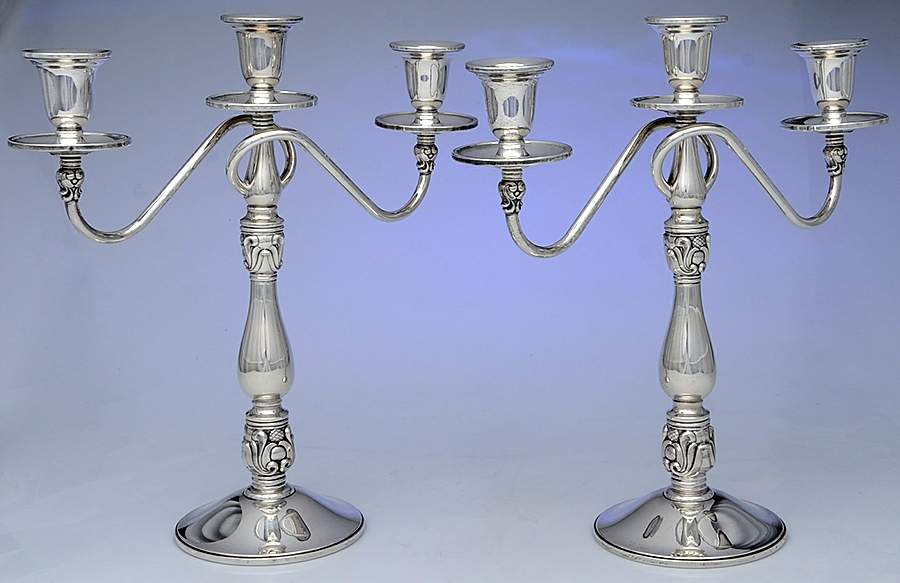 Royal Danish (Sterling, Hollowware) Pair of Weighted 3 Light Candelabra by International Silver-1