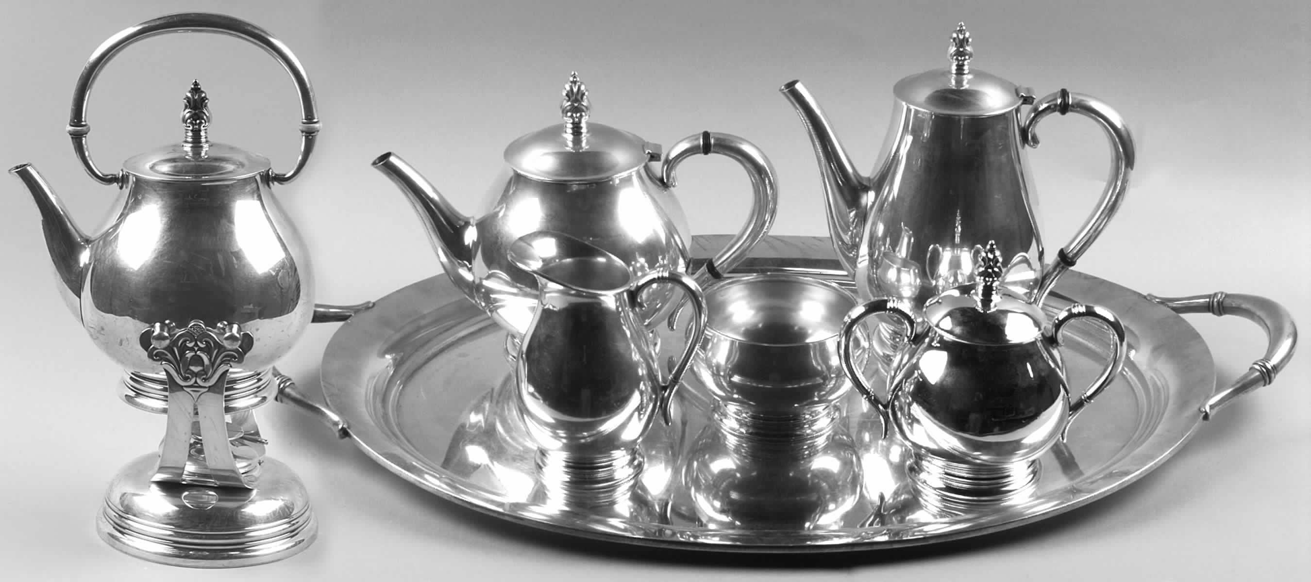 Royal Danish (Sterling, Hollowware) 7 Piece Tea Set (SCP, STP, SCR, SSU, SWB, SKES & WTL) by International Silver-1