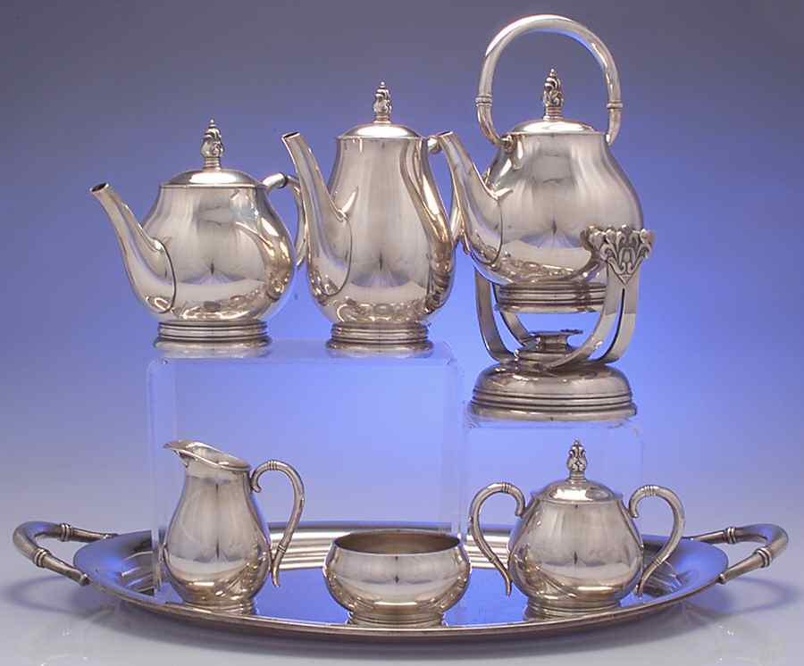 Royal Danish (Sterling, Hollowware) 7 Piece Tea Set (SCP, STP, SCR, SSU, SWB, SKES & WTL) by International Silver-1