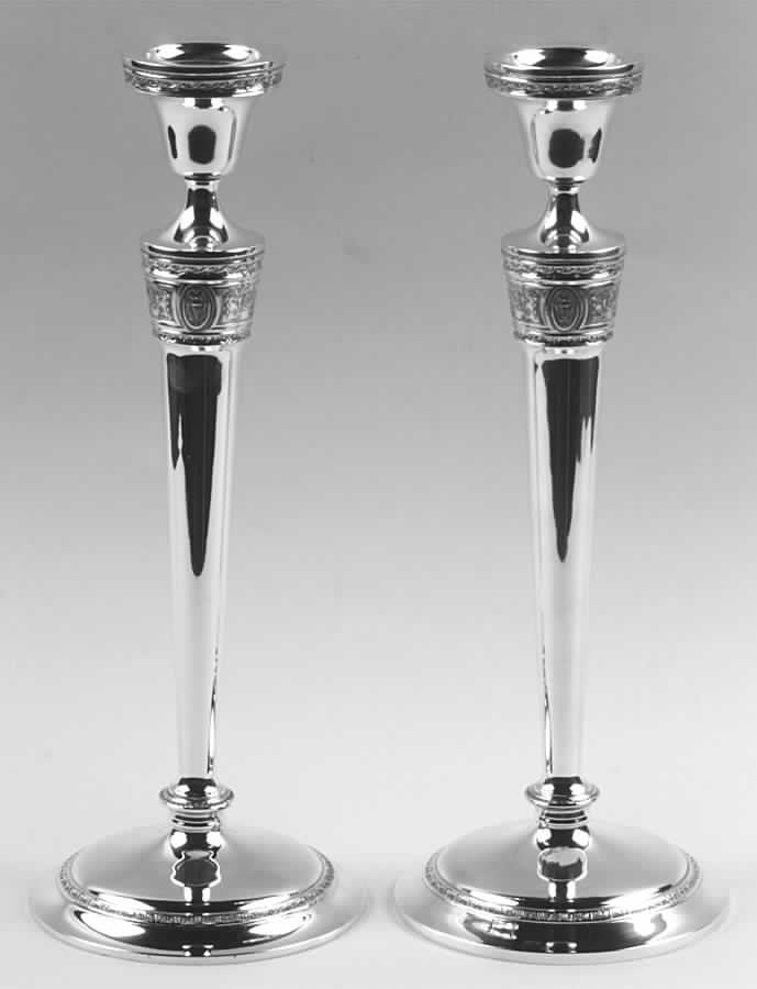 Wedgwood (Sterling, Hollowware, Geometric Base) Pair of Weighted Candlesticks by International Silver-1